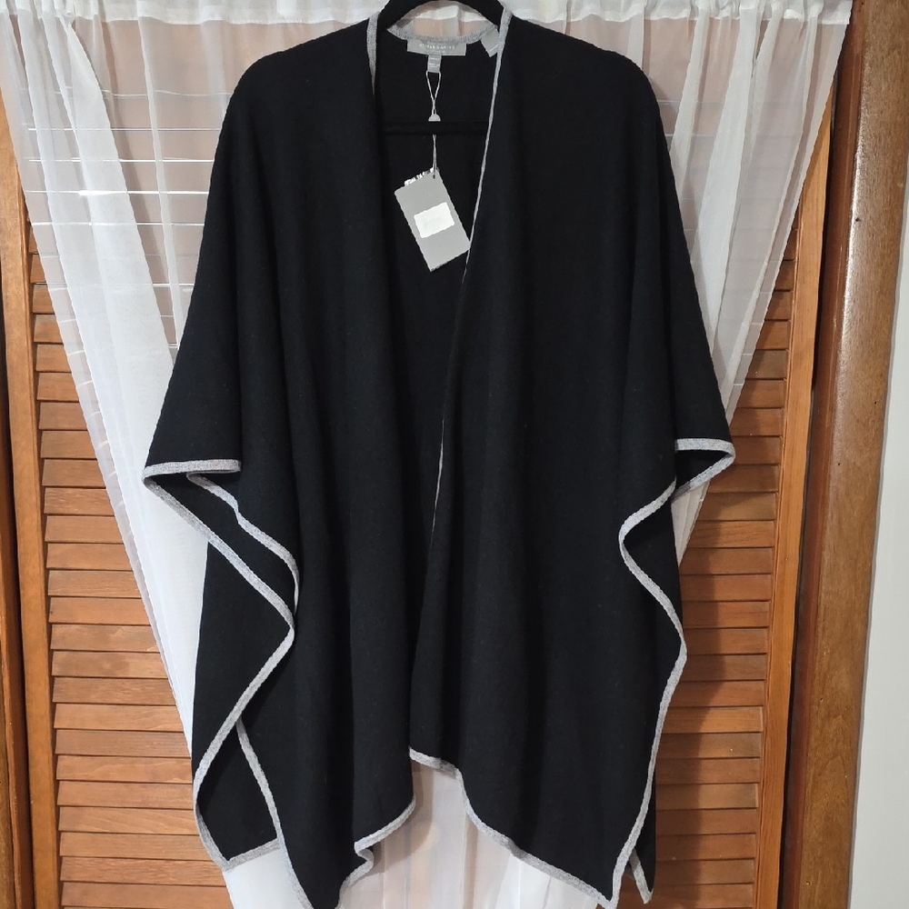 Neiman Marcus Black Cashmere Cape with Grey Trim
